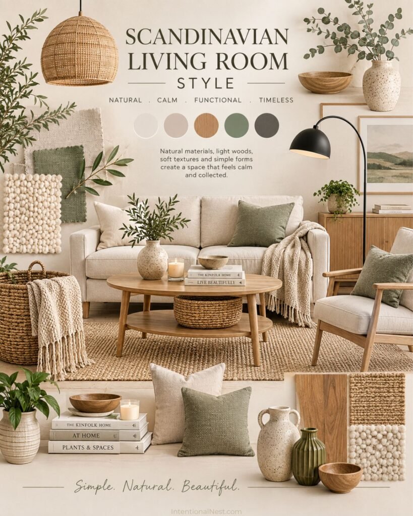 Scandinavian living room mood board featuring a cream sofa, light oak furniture, natural woven textures, sage green accents, ceramic decor, greenery, neutral textiles, and minimalist Scandinavian styling