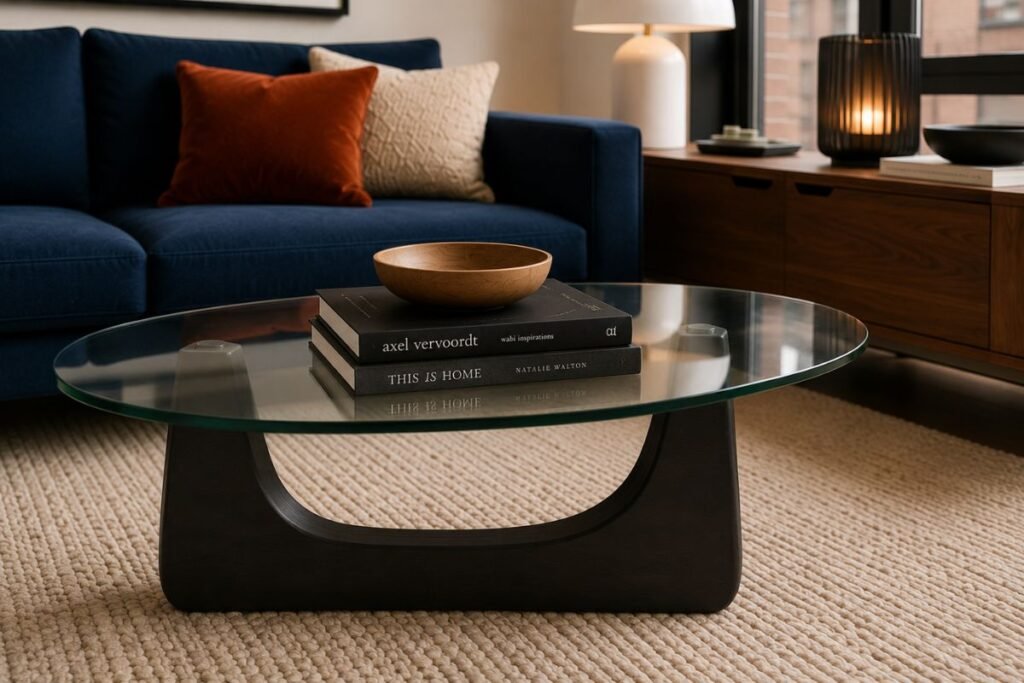 Oval glass coffee table with sculptural dark base, books, and wooden bowl in front of a navy sofa.