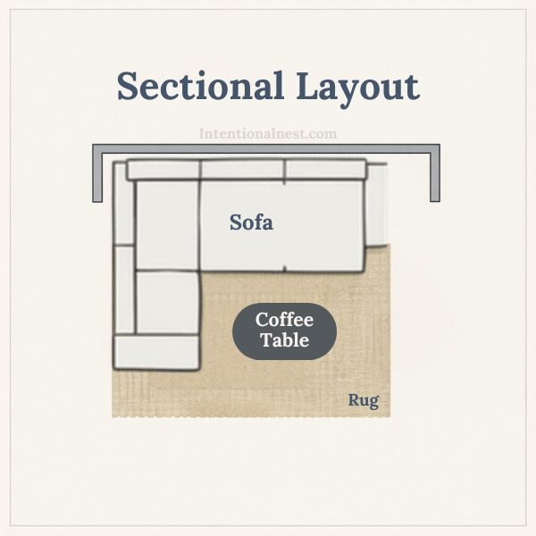 Top-down diagram of a small living room layout using an L-shaped sectional sofa with coffee table and rug