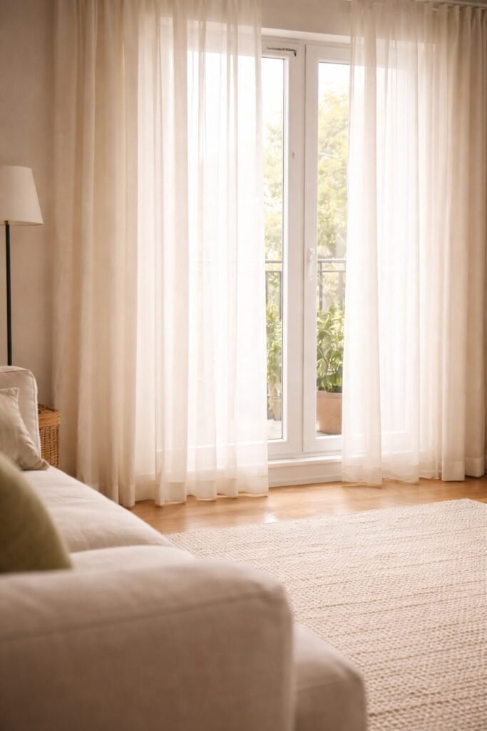 Serene small living room with sheer curtains
