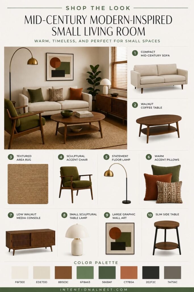 Shop the Look mood board with mid-century modern furniture, lighting, rug, artwork, pillows, and walnut storage for a small living room.