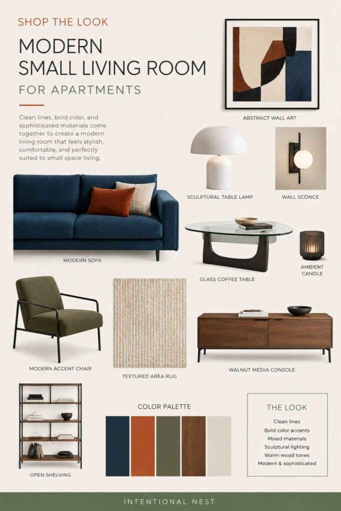 Modern small living room mood board with navy sofa, olive chair, glass coffee table, walnut console, lighting, rug, and abstract artwork.