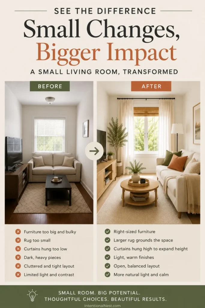 Before-and-after small living room comparison showing bulky furniture, a small rug, and low curtains transformed with lighter furniture, a larger rug, high curtains, and a brighter layout.
