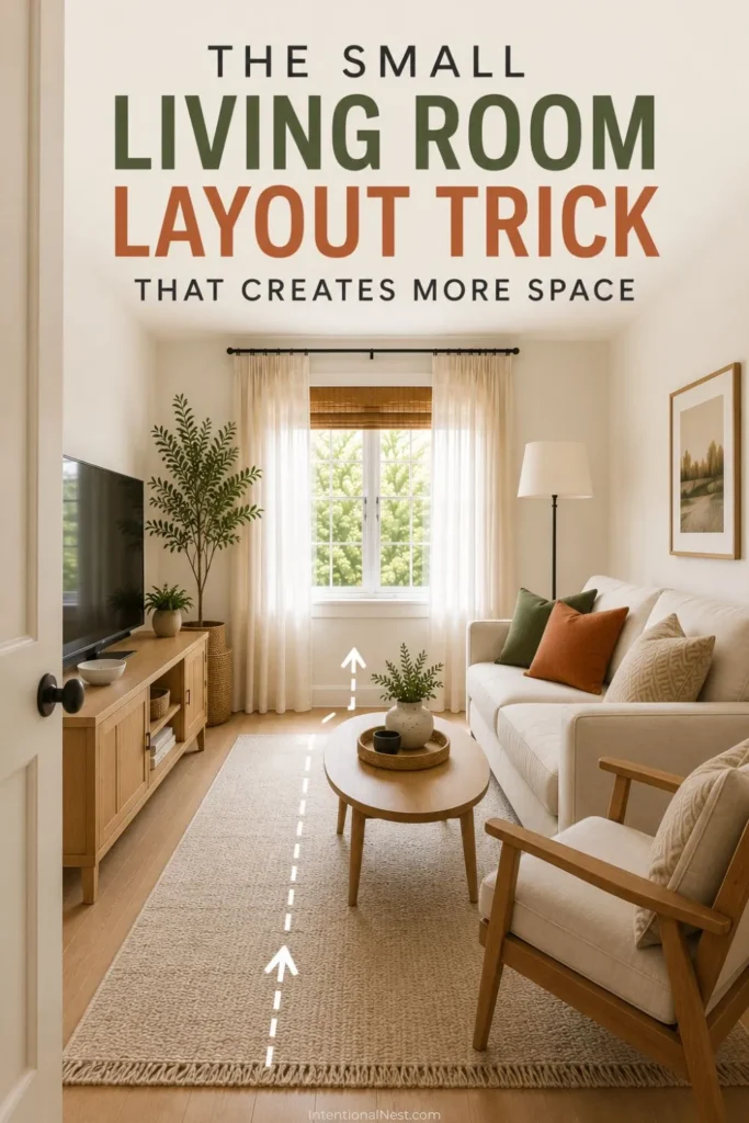 Small neutral living room viewed from the doorway with an open walkway between the sofa, oval coffee table, and media console.