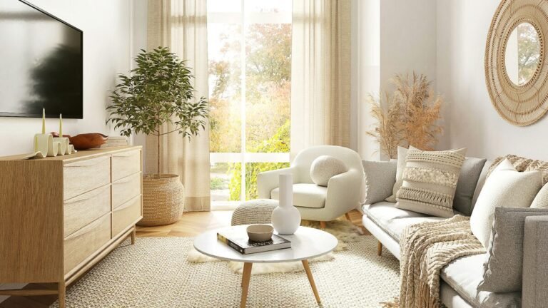 Light neutral small living room with sofa, rug, big floor to ceiling windows and soft decor styled to feel open and calm