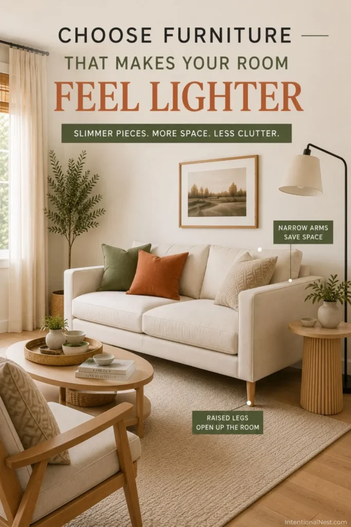 Close view of a cream sofa with narrow arms, raised wooden legs, and visible floor space underneath in a warm neutral living room.