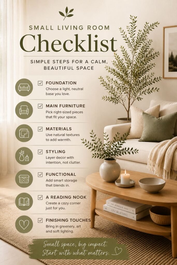 Scandi-inspired small living room checklist covering a neutral foundation, right-sized furniture, natural materials, simple styling, storage, a reading nook, and finishing touches