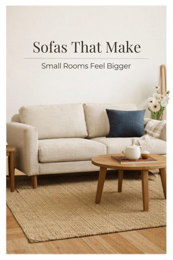 Small cozy living room with a compact sofa, soft throw, and wooden table, with text about sofas that make small rooms feel bigger