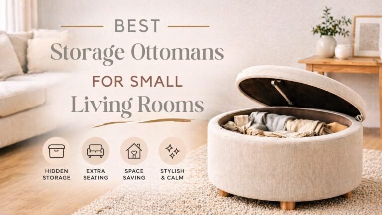 Best storage ottomans for small living rooms, multifunctional furniture with hidden storage, extra seating and space saving. All for a stylish and calm living room.