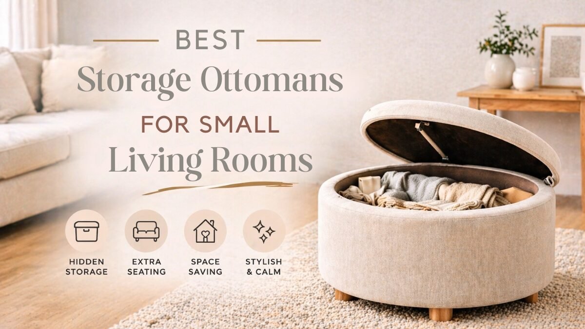 Best storage ottomans for small living rooms, multifunctional furniture with hidden storage, extra seating and space saving. All for a stylish and calm living room.