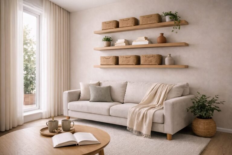 Vertical shelves above couch in elegant small neutral living room