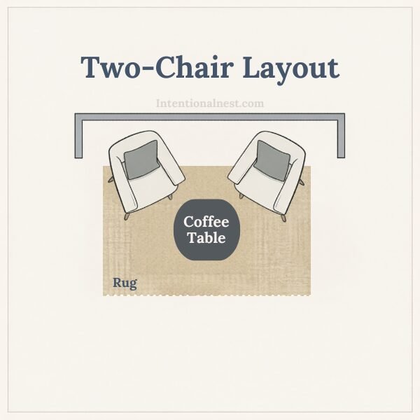 Top-down diagram of a small living room layout using two armchairs facing a coffee table on a rug