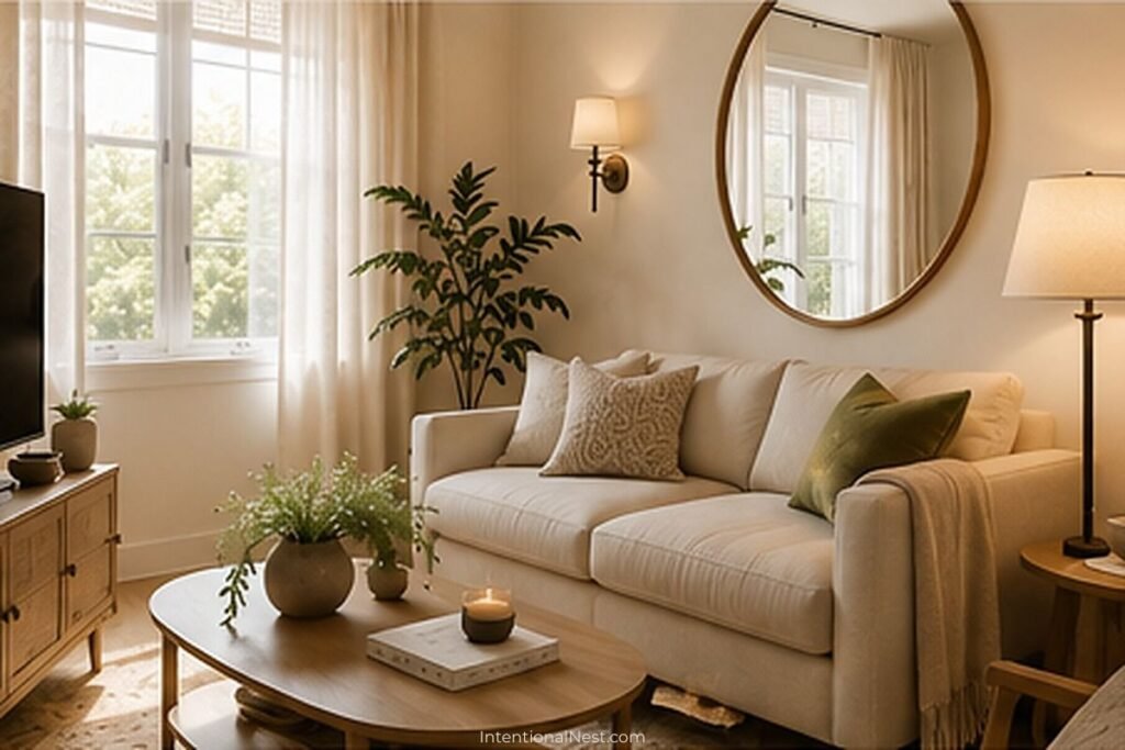 Bright small living room with natural window light, a round mirror, wall sconce, and floor lamp.