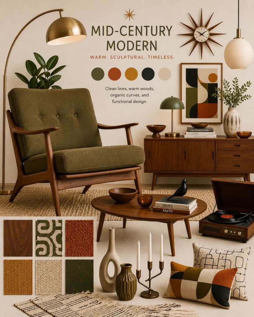 Mid-century modern mood board with an olive lounge chair, walnut furniture, brass lighting, geometric artwork, ceramics, and warm earthy colors.