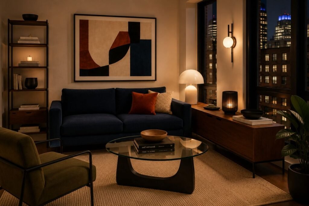 Modern small apartment living room at night with navy sofa, olive chair, walnut furniture, and warm layered lighting.