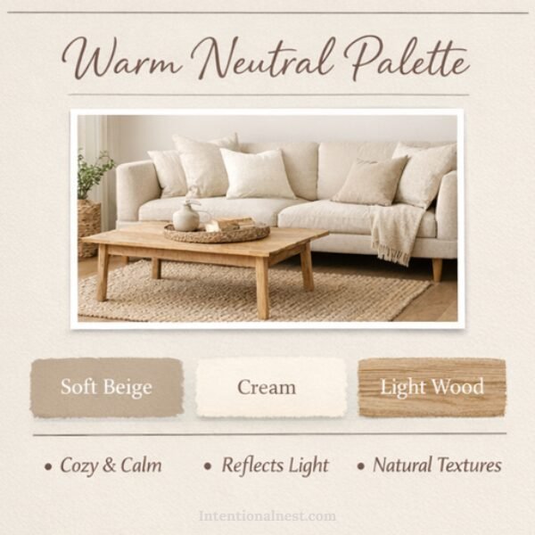 Warm neutral small living room color palette featuring beige, cream, and light wood tones in a cozy living room design
